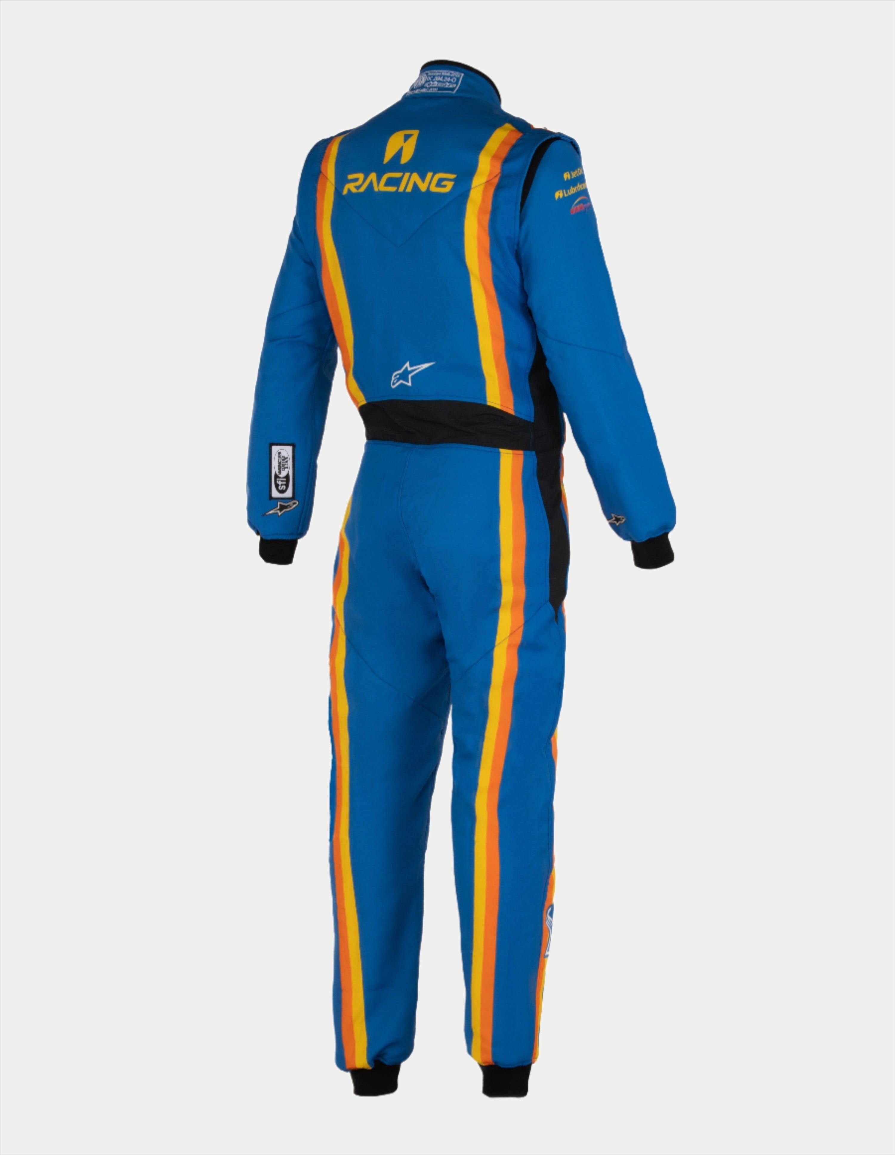 Alpinestars Tech Vision V3 skräddarsytt ställ, vy bakifrån av blå FIA-racingoverall med orangea ränder och gul logotyp.
