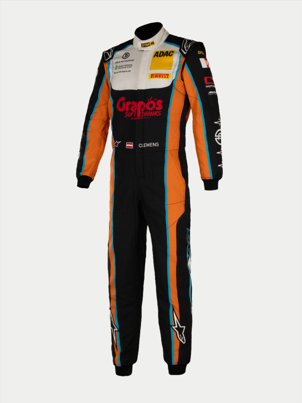 Alpinestars Tech Vision V3 skräddarsytt MC-ställ, bilracingoverall i svart och orange, flamskyddad FIA-certifierad Nomex.