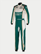 Alpinestars Tech Vision V3 Custom Suit, professionell racingoverall, blågrön och vit med gulddetaljer, med anpassade sponsorlogotyper och förarens namn på bältet, trelagers Nomex-konstruktion med axelklaffar och stickade muddar
