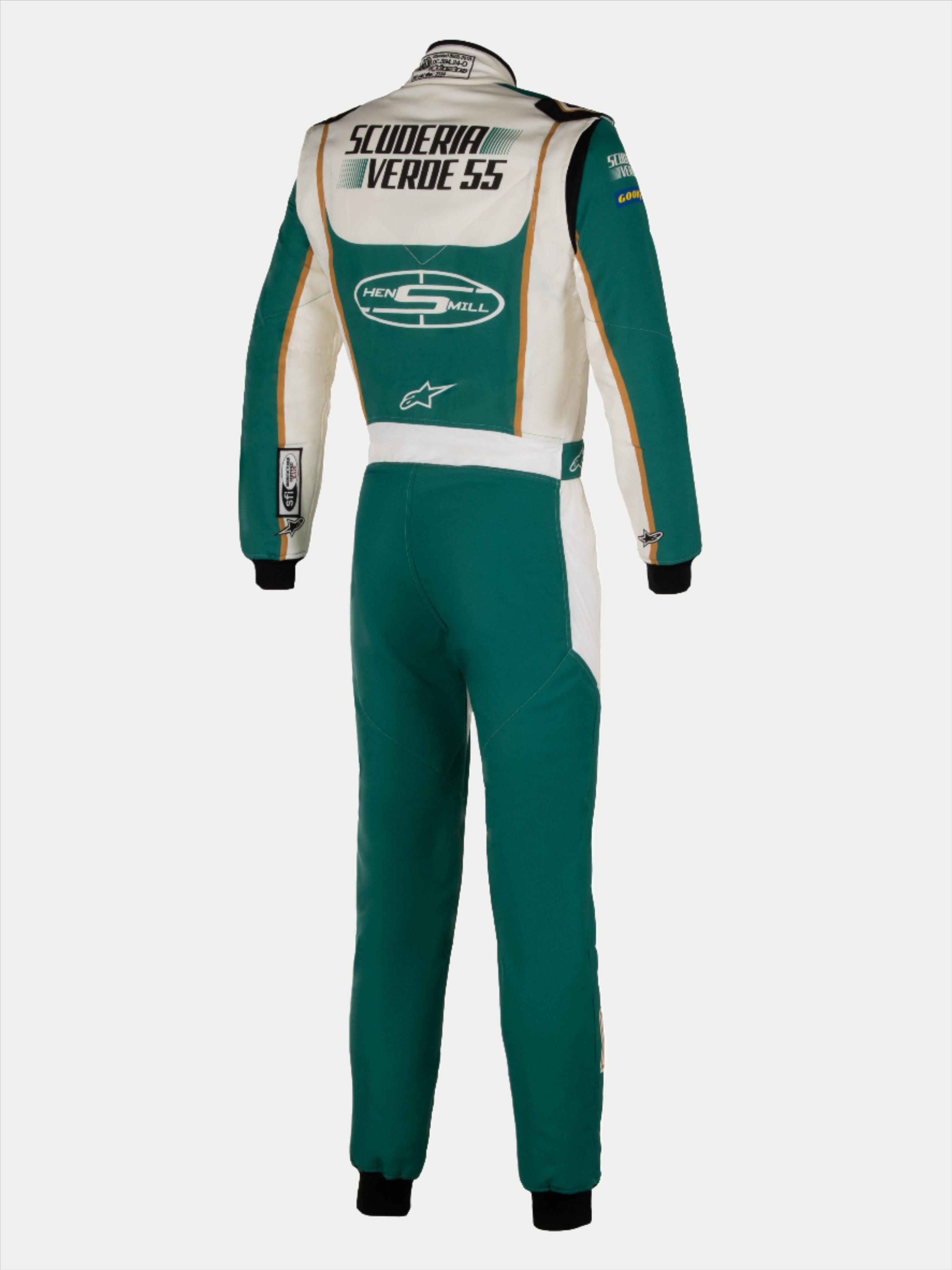 Alpinestars Tech Vision V3 skräddarsytt MC-ställ, grön och vit racingoverall med gulddetaljer, vy bakifrån, FIA-certifierad.