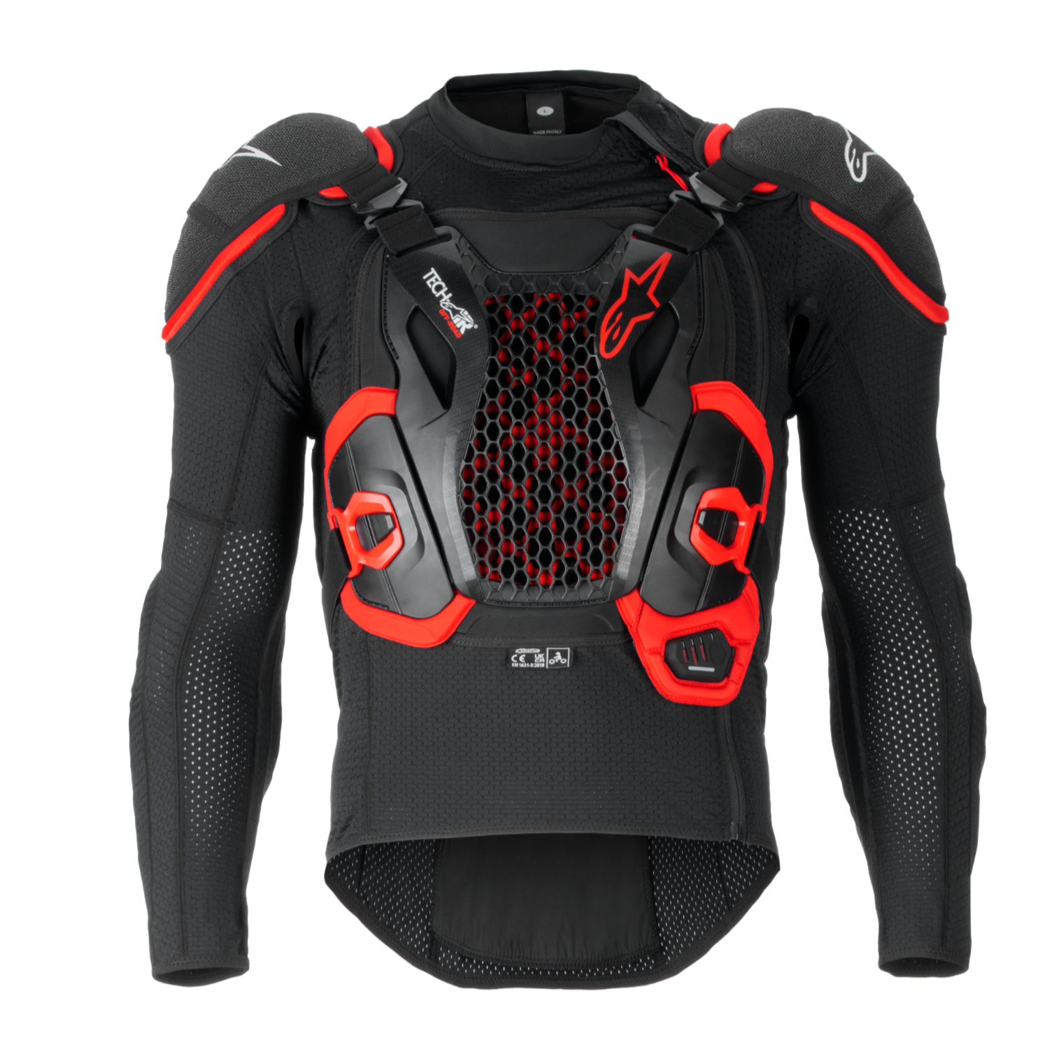 Tech-Air® Off-Road System, black and red motorcycle airbag jacket with hexagonal mesh chest panel and padded shoulders.