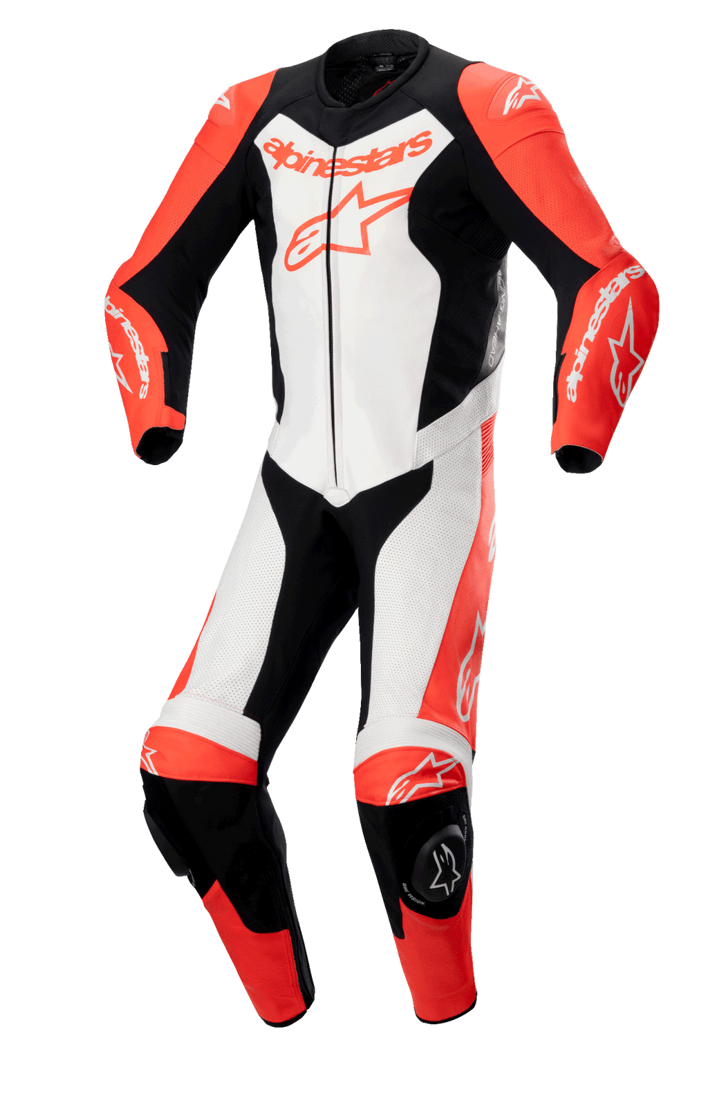 Alpinestars GP Force Lurv 1-delat skinnställ, professionellt motorcykelställ för racing, röd fluo, vit och svart, med konstruktion i högpresterande nötläder, perforerade paneler, DFS Lite-axelskydd, knäpuckar och framträdande Alpinestars-logotyper.
