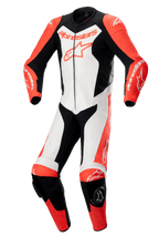 Alpinestars GP Force Lurv 1-delat skinnställ, professionellt motorcykelställ för racing, röd fluo, vit och svart, med konstruktion i högpresterande nötläder, perforerade paneler, DFS Lite-axelskydd, knäpuckar och framträdande Alpinestars-logotyper.