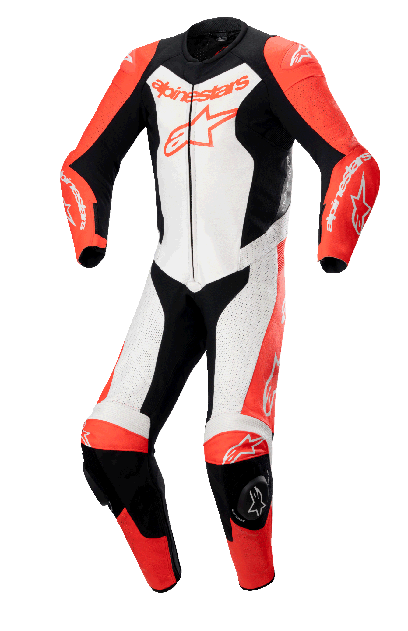 Alpinestars GP Force Lurv 1-delat skinnställ, professionellt motorcykelställ för racing, röd fluo, vit och svart, med konstruktion i högpresterande nötläder, perforerade paneler, DFS Lite-axelskydd, knäpuckar och framträdande Alpinestars-logotyper.