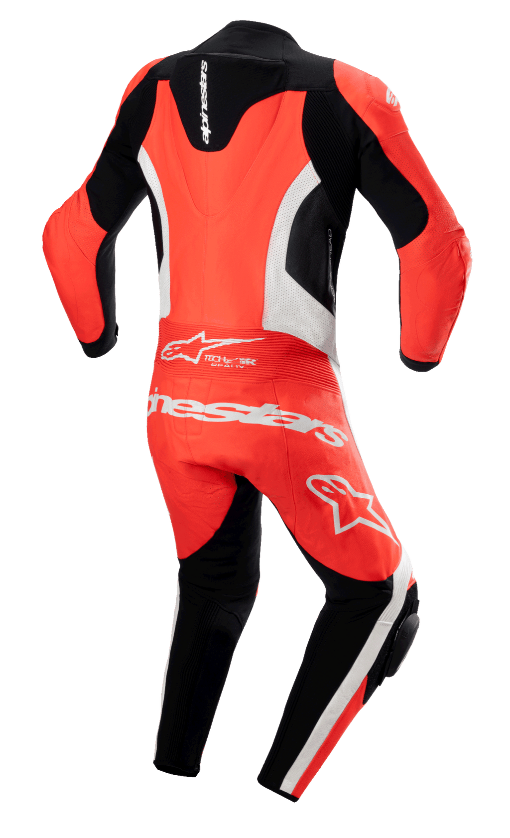 Alpinestars GP Force Lurv 1-delat skinnställ, röd fluo, vit och svart, vy bakifrån med en aerodynamisk ryggpuckel, vita perforerade läderpaneler och tydlig vit Alpinestars-logotyp över ländryggen, professionellt motorcykelställ för racing med dragspelspaneler i stretch.