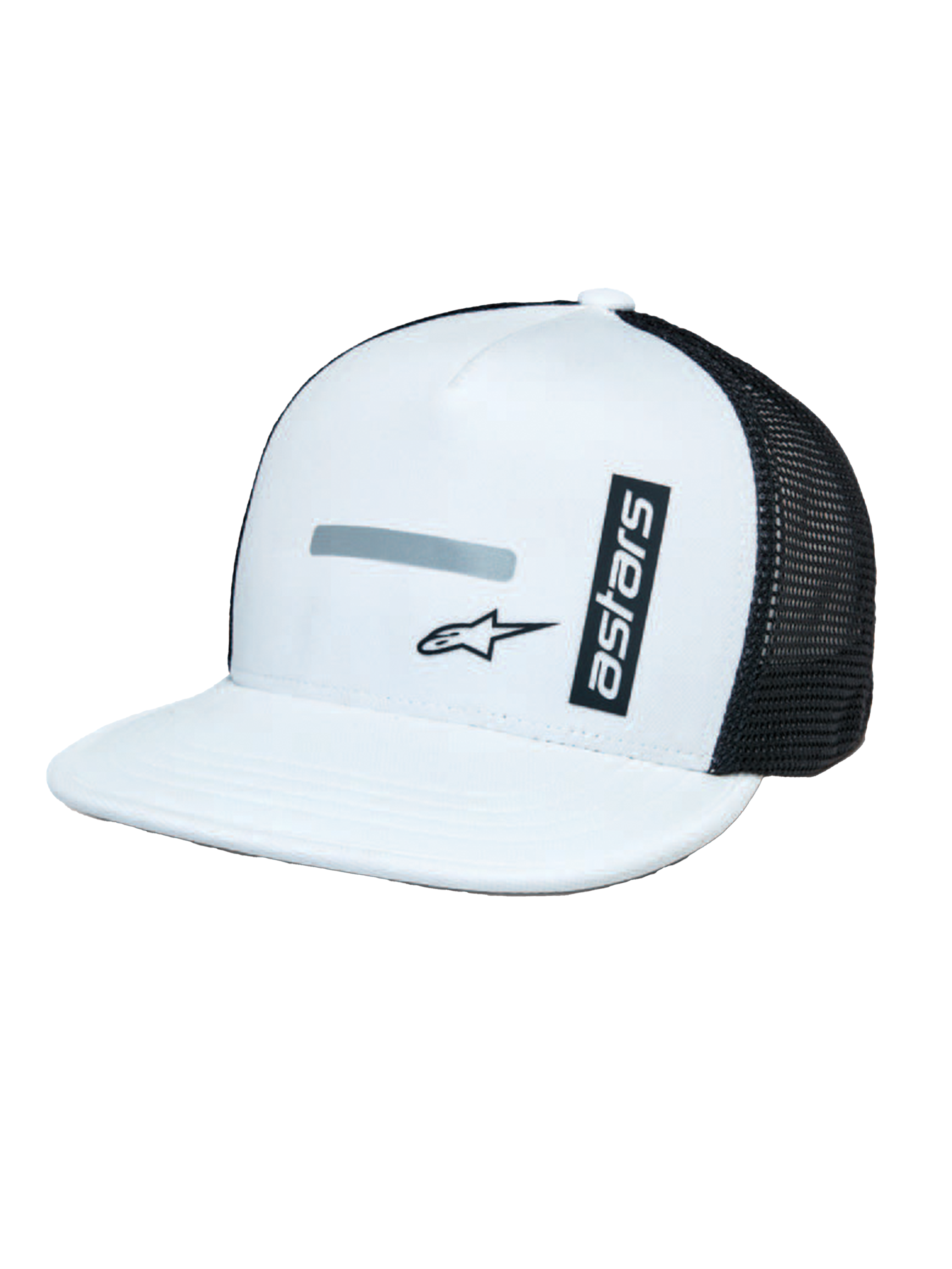 Alpinestars Alter Trucker Hat, vit och svart keps med strukturerad vit krona och platt skärm, svarta meshpaneler på baksidan, vertikal 'astars'-branding och reflekterande logotryck, motorsportinspirerad design