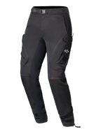 Alpinestars Actea Women's Pants, Black Motorcycle Pants, technical road design featuring side cargo pockets with a white A-star logo, red MO.ST.EQ branding on the knee, integrated waist belt, and a modern tapered fit.