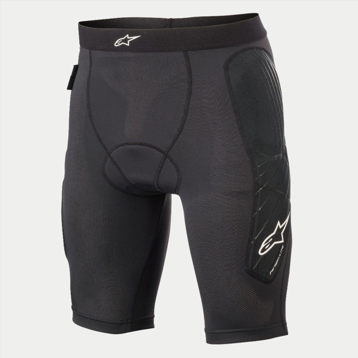 Alpinestars Youth Paragon Lite skyddsshorts, skyddsshorts för cykling, svarta, med andningsbart meshtyg, integrerad höftvaddering, vit Alpinestars-logotyp på midjebandet och benets sida, lätta skyddsundershorts för MTB