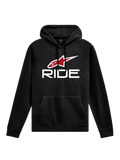 Alpinestars Ride Hoodie V 3, casual sportswear, svart med vit RIDE-text och röd stjärnlogotyp, känguruficka fram, luva med dragsko, ribbade muddar och nederkant, motorsportsinspirerad design