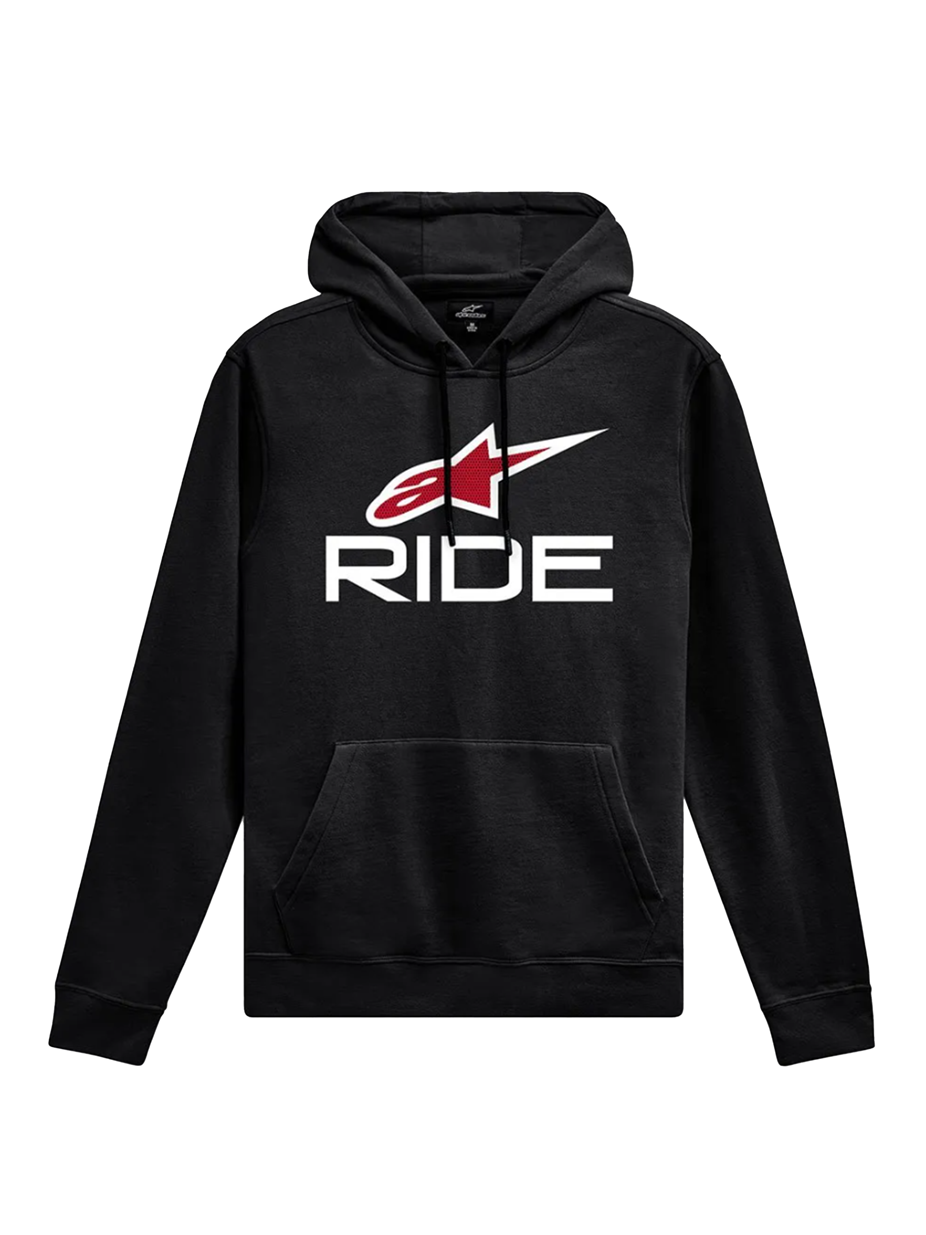 Alpinestars Ride Hoodie V 3, casual sportswear, svart med vit RIDE-text och röd stjärnlogotyp, känguruficka fram, luva med dragsko, ribbade muddar och nederkant, motorsportsinspirerad design