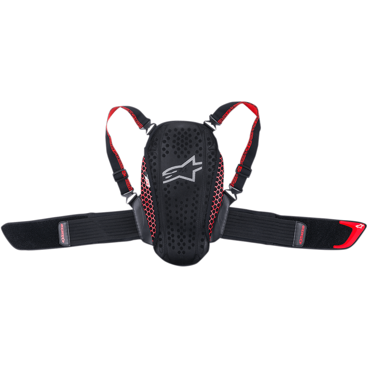 Alpinestars Youth Nucleon Kr-Y Back Protector, Black and Red, featuring an ergonomic perforated plate with white logo, red mesh side accents, adjustable shoulder straps, and wide elastic kidney belt, motorcycle protection gear for young riders