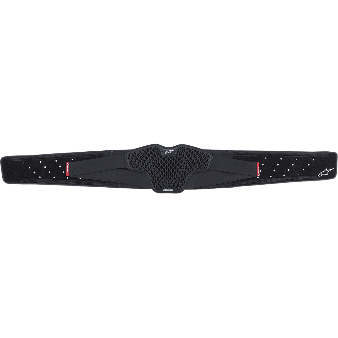 Alpinestars Youth Sequence Kidney Belt, svart, med en central ventilationspanel i honeycomb-mönstrad TPR CELL, perforerade elastiska remmar med röda etiketter och vita Alpinestars-logotyper, ergonomiskt svankstöd för unga motocrossförare