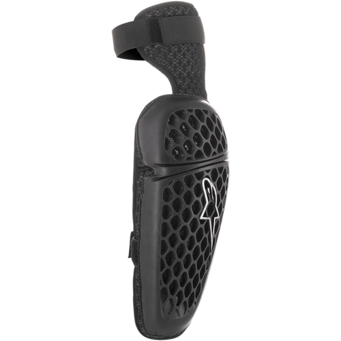 Alpinestars Youth Bionic Plus Elbow Protector, Black, honeycomb pattern outer shell with white Astar logo, dual strap closure system, ergonomic youth motocross and off-road protection