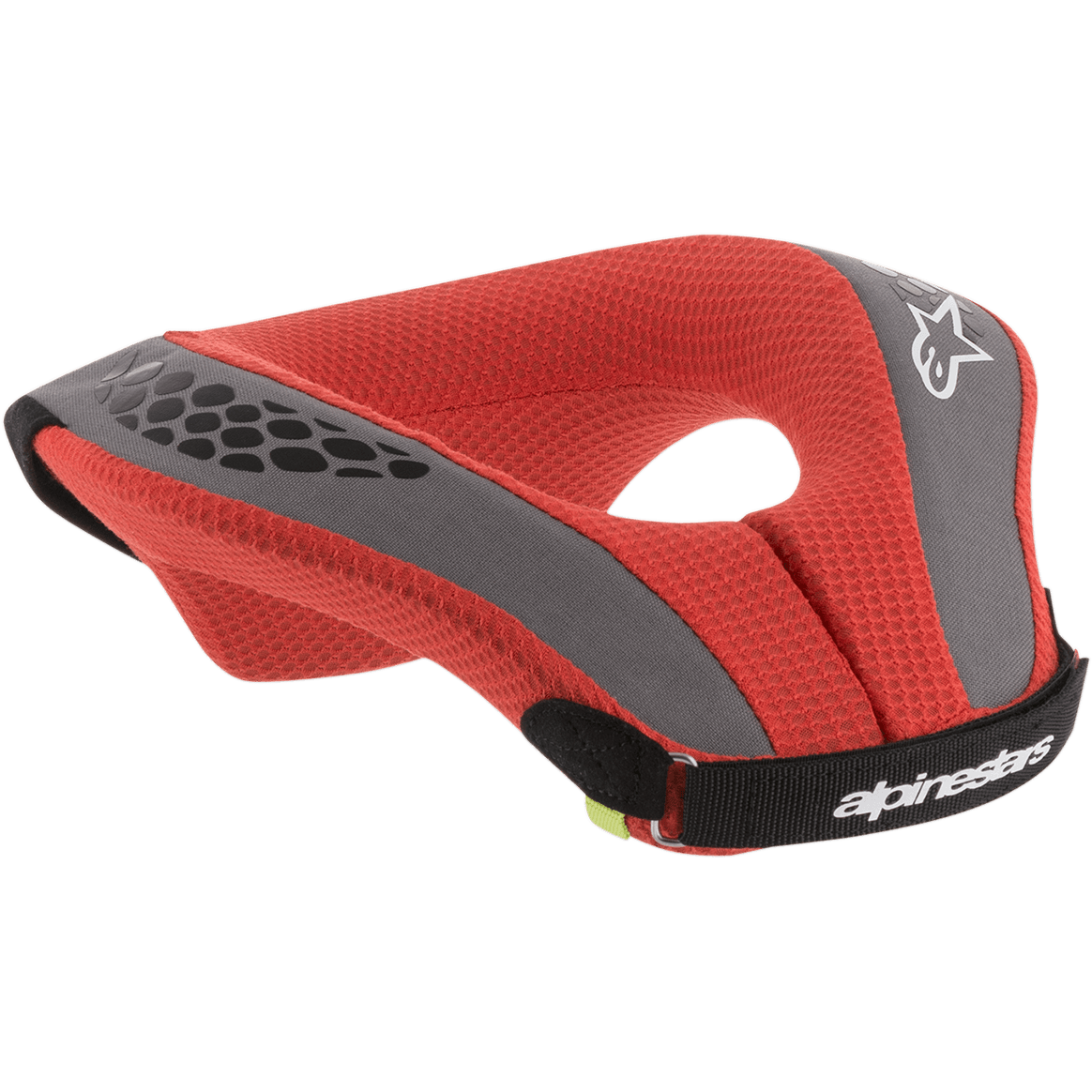 Alpinestars Youth Sequence Neck Roll, nackskydd för motocross, röd och grå, med röd mesh-vaddering och grå detaljer, svart rem med vit logotyp, ergonomiskt skydd för unga förare