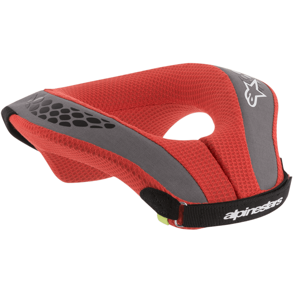 Alpinestars Youth Sequence Neck Roll, nackskydd för motocross, röd och grå, med röd mesh-vaddering och grå detaljer, svart rem med vit logotyp, ergonomiskt skydd för unga förare