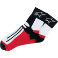 Alpinestars Road Racing Socks Over-Ankle, Motorcycle Racing Socks, Black White and Red, featuring white star logo on the black cuff, black stripes on white foot section, red panels, athletic performance design for motorsports
