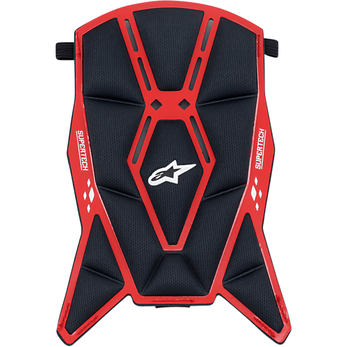 Alpinestars Supertech M10/M8 Helmet Top Pad, replacement helmet padding, Black and Red, featuring a padded mesh construction with a red geometric frame, white Astars logo and Supertech branding, designed for motocross helmet interior comfort