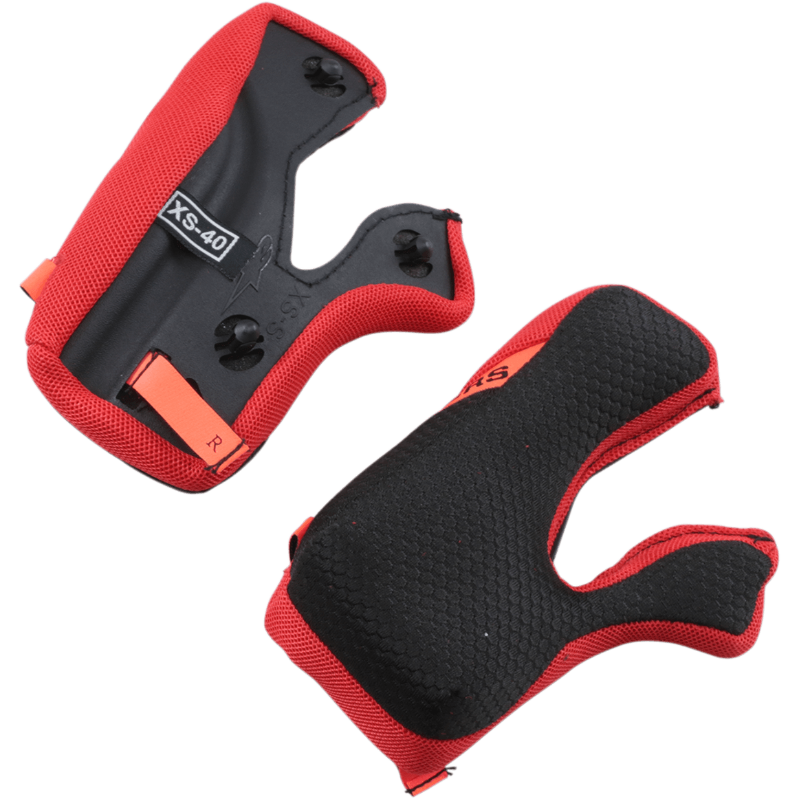 Alpinestars Supertech M10/M8 Kindkuddar +5mm, ersättningskuddar för motorcykelhjälm, röda och svarta, bikupemönstrad texturerad yta och svart baksida med orangea nödutlösningsflikar, XS-40 storleksmarkering