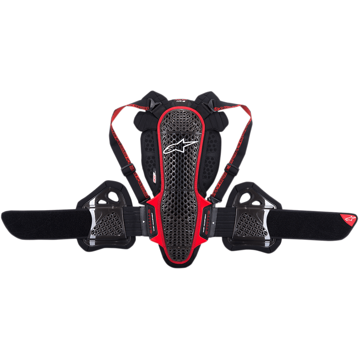 Alpinestars Nucleon KR-3 ryggskydd, ryggskydd för motorcykel, svart och röd, med en ergonomisk gallerkonstruktion och vit logotyp, justerbara axelremmar och ett brett njurbälte med sidoskydd för revbenen, utformat för stötdämpning och andningsförmåga.