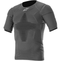 Alpinestars Roost Base Layer Top, Anthracite Black Short-Sleeve Performance Shirt, Textured Ribbed Fabric with Black Geometric Pattern, Fitted Athletic Design for Motocross and Off-Road Riding